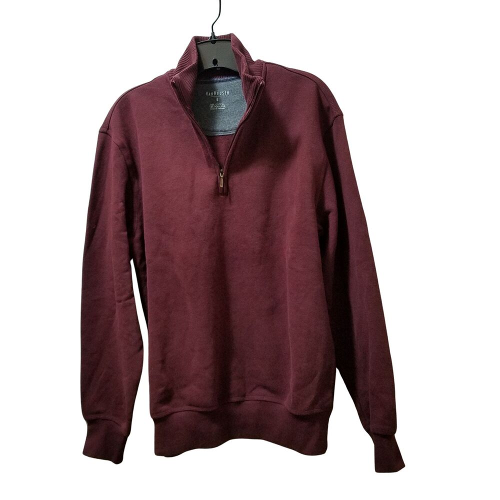 Van Heusen Quarter Zip Fleece-Lined Pullover Men Small Burgundy Sweatshirt - Picture 2 of 4